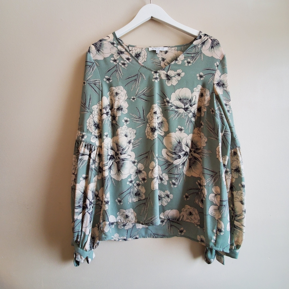 Rose + Olive floral top with elegant designed sleeve with tie bow, Medium